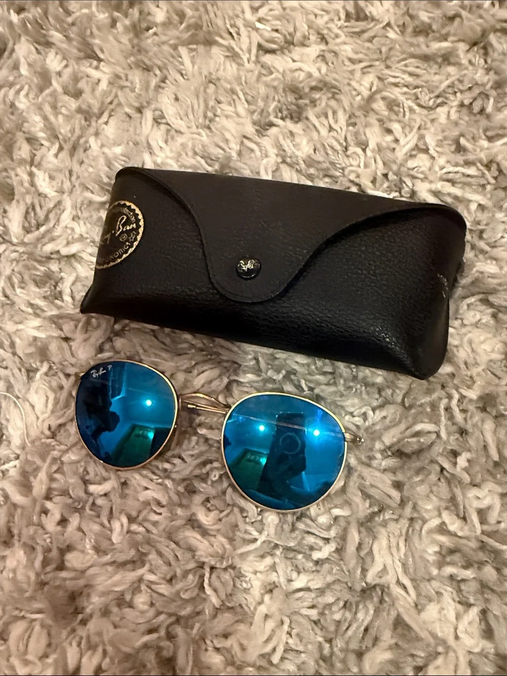 Ray-Ban Round Gold Frame Sunglasses with Blue Mirror Lenses